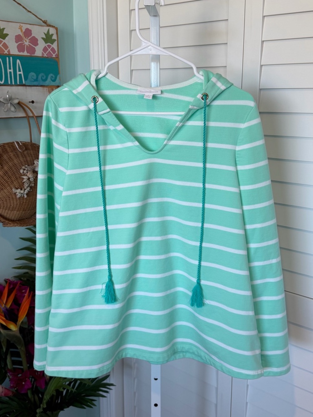 Charter Club Aqua Green and White Striped Pullover with hood